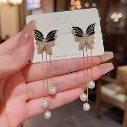 Black Butterfly Pearls Drop Korean Earrings